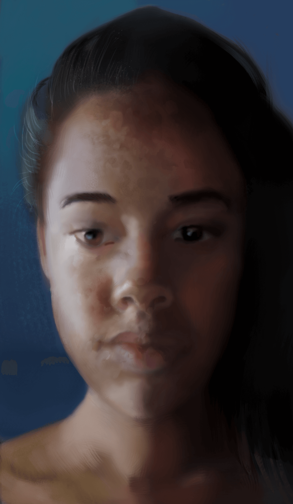 Digital portrait of a woman with blue background front view