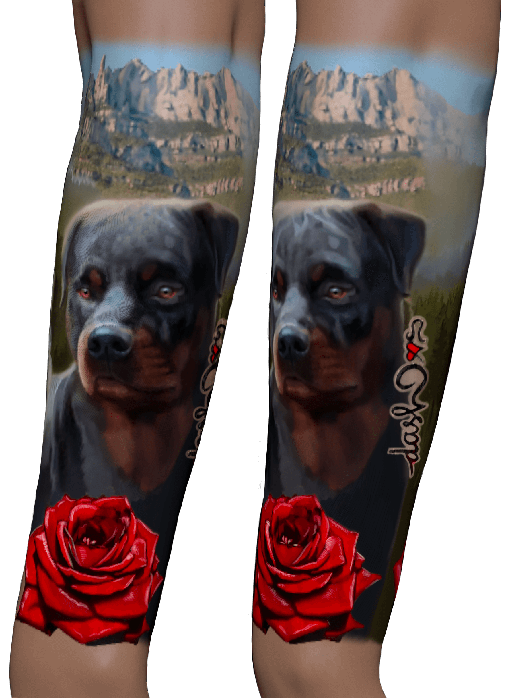 Rottweiler with Montserrat Mountains Digital Art for a Tattoo in 2 diferent perspective views for an Arm