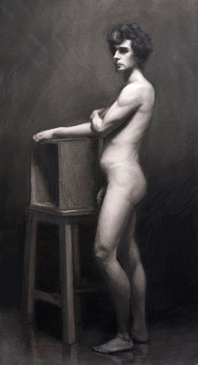 Drawing Longpose Charcoal on Toned watercolor and whitechalk.