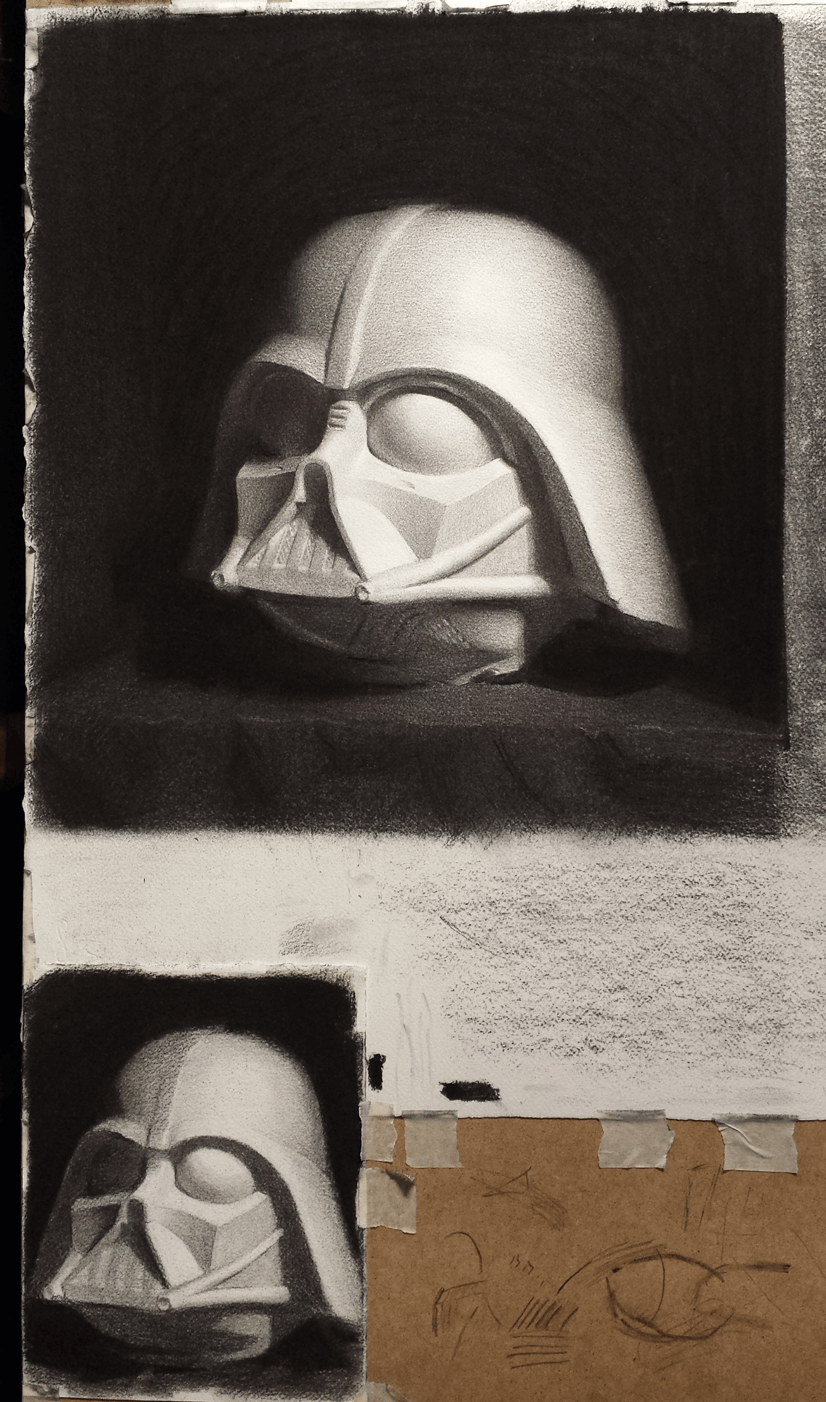 Darth Vader Charcoal Drawing in Charcoal on White Paper Academic Cast from Life