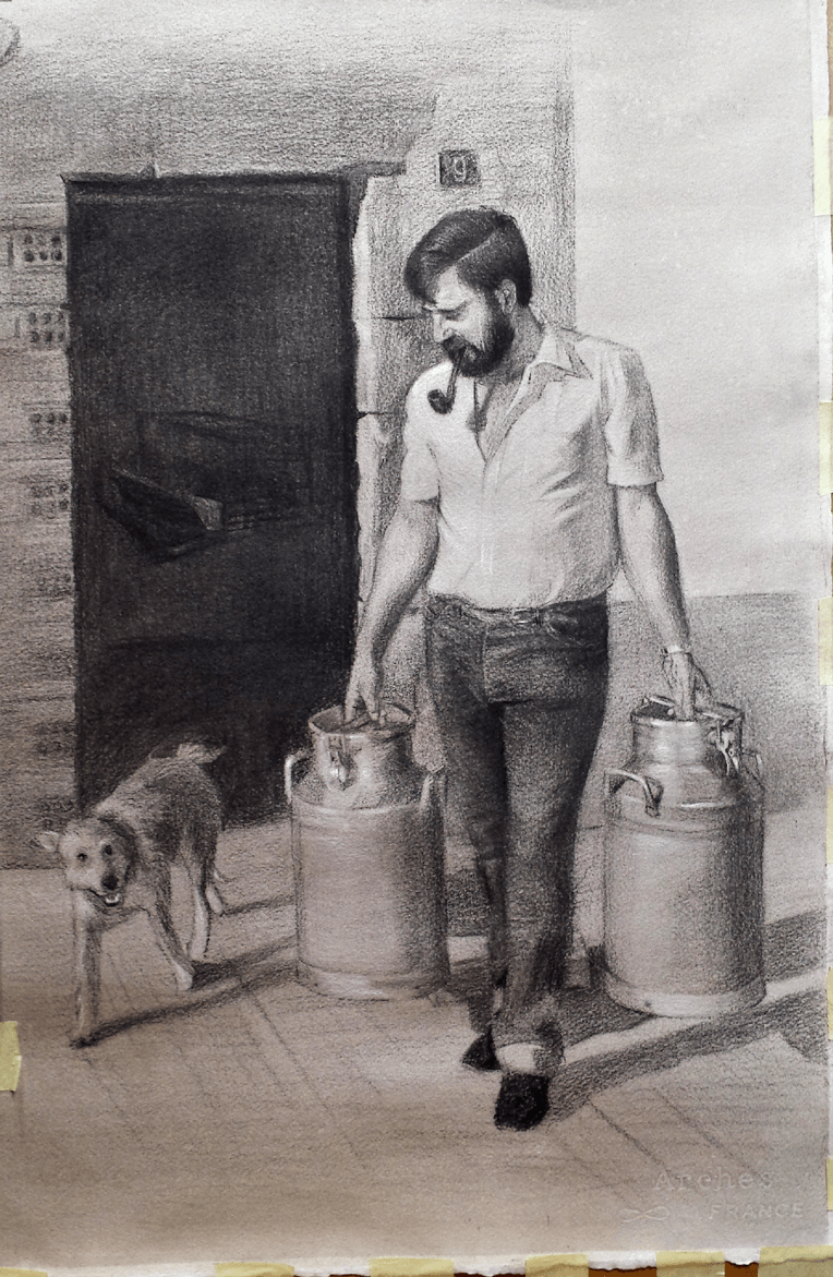 Charcoal of the milkman on toned Watercolor Paper