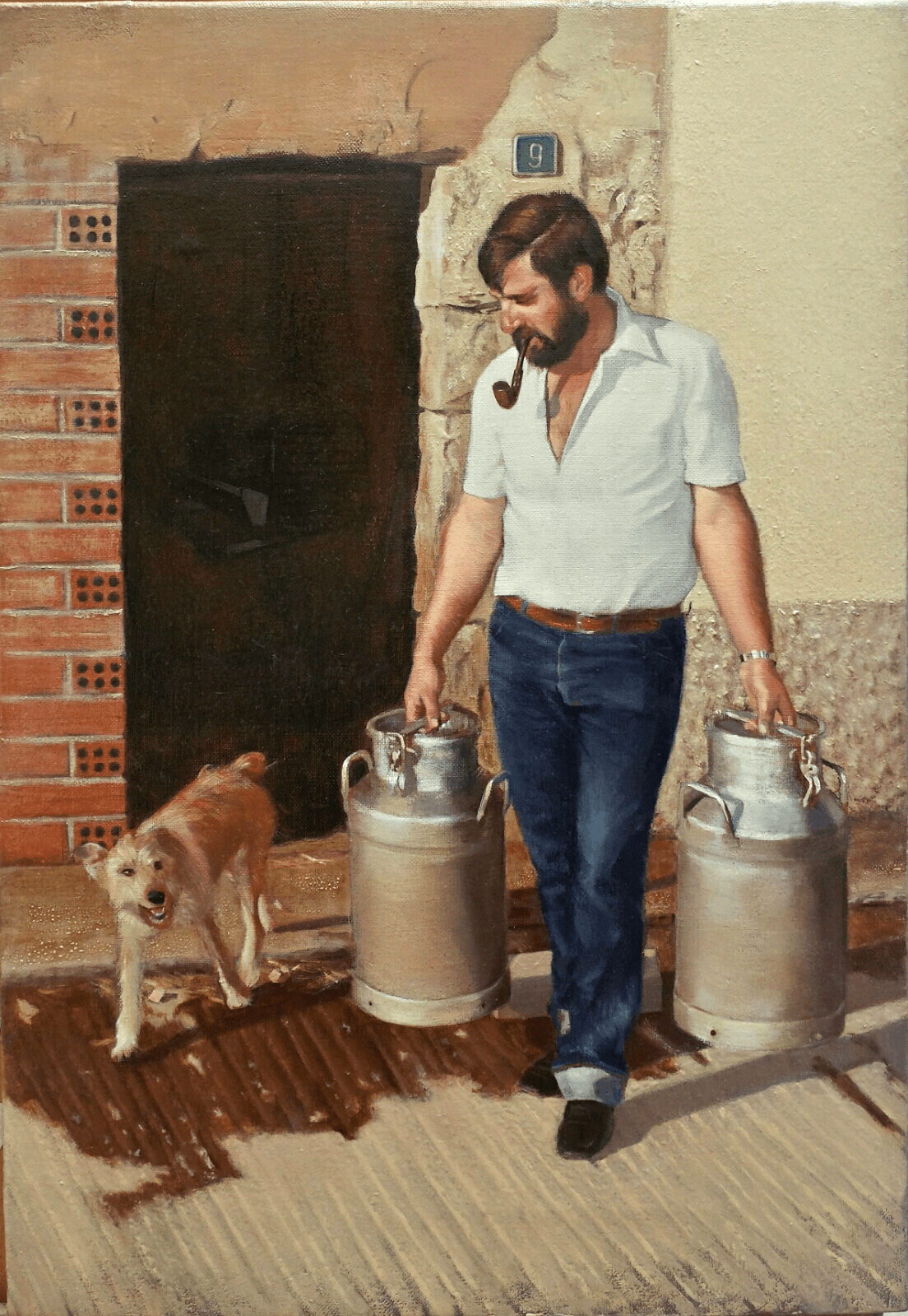 The milkman walking with the dog. Oil painting on linen.