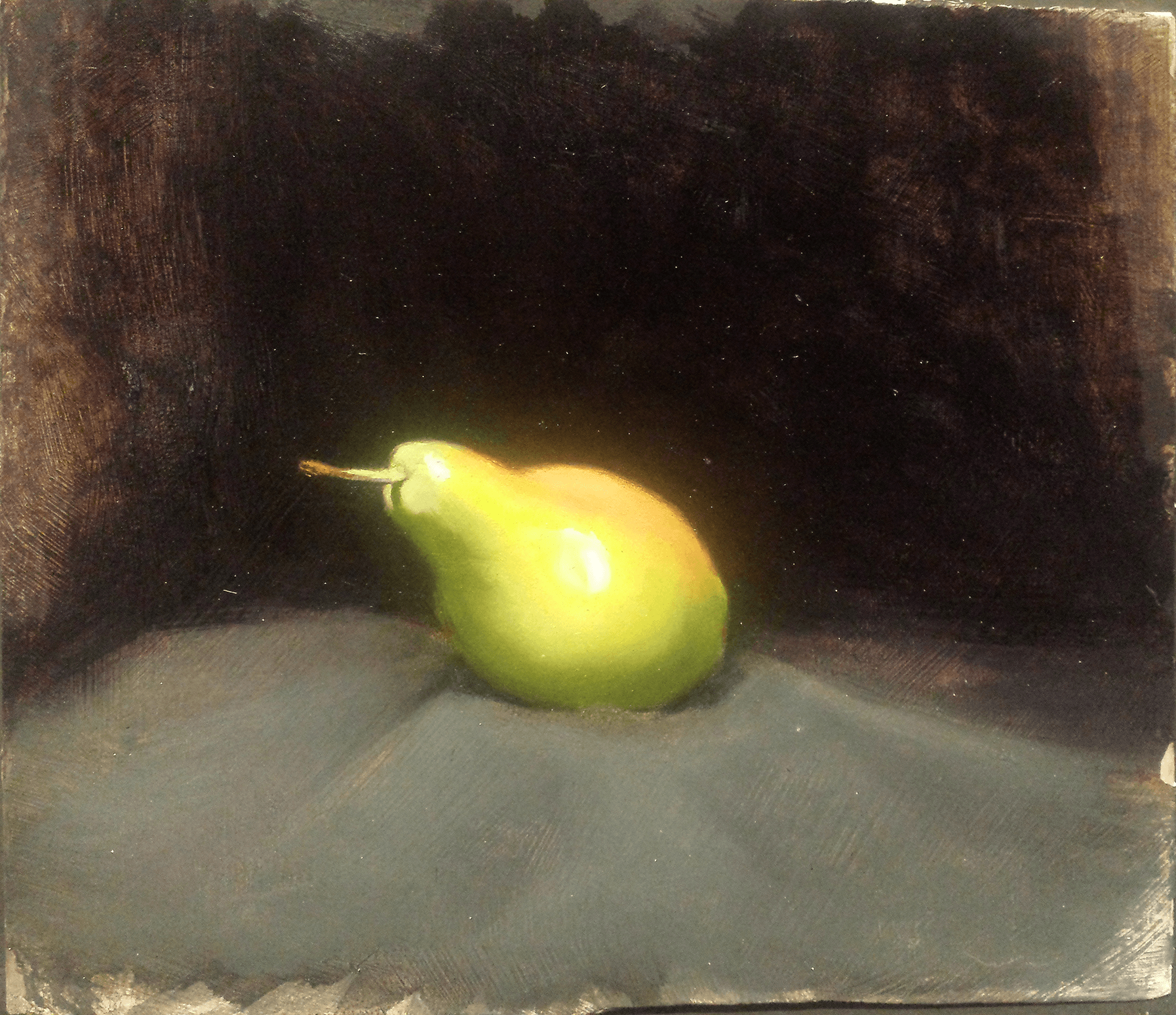 Pear from life in oil paint.