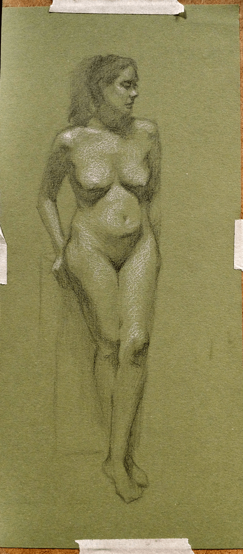 2 hours Sketch Figure drawing pencil and whitechalk on green paper.