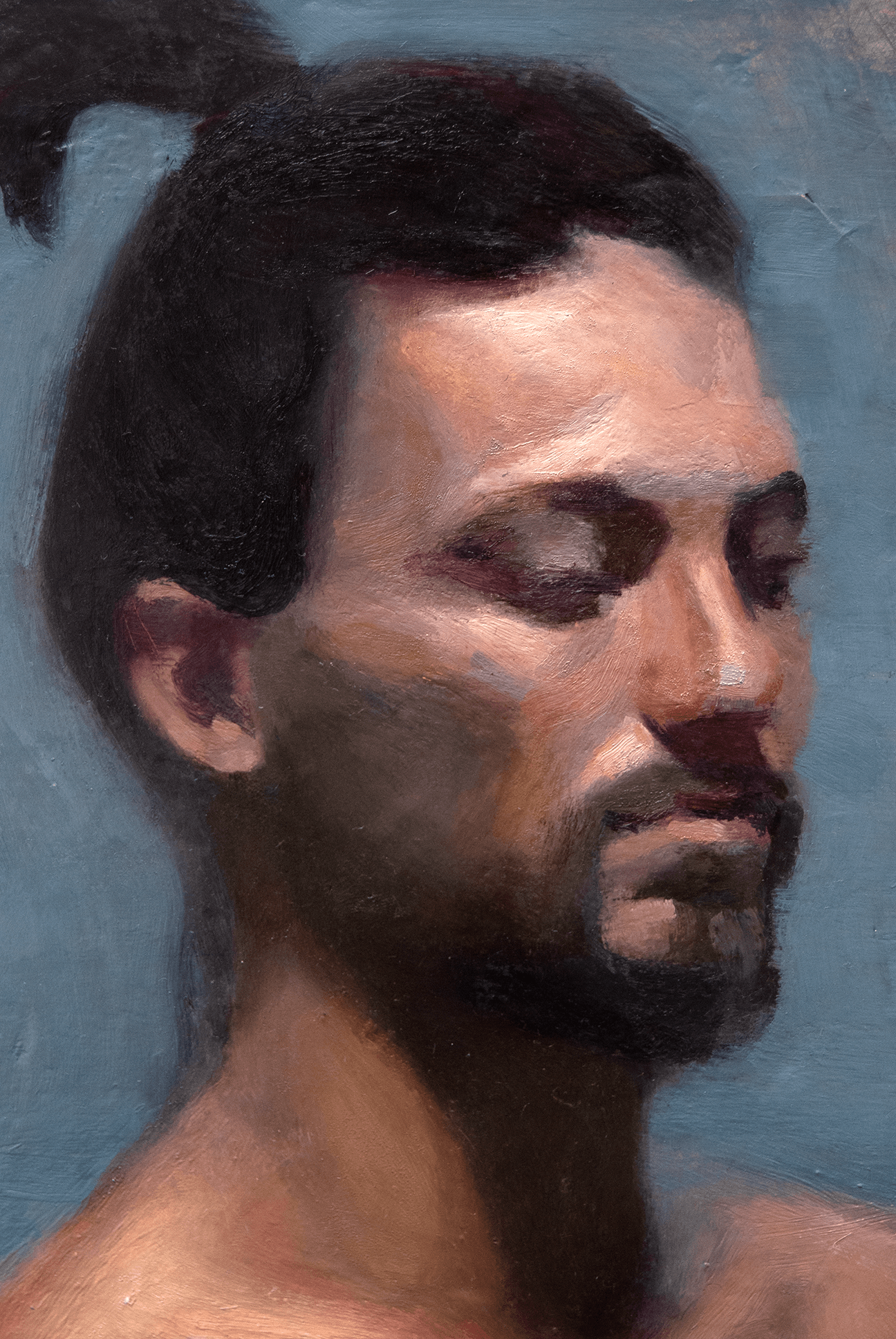 Close-up Longpose portrait painting in oil.