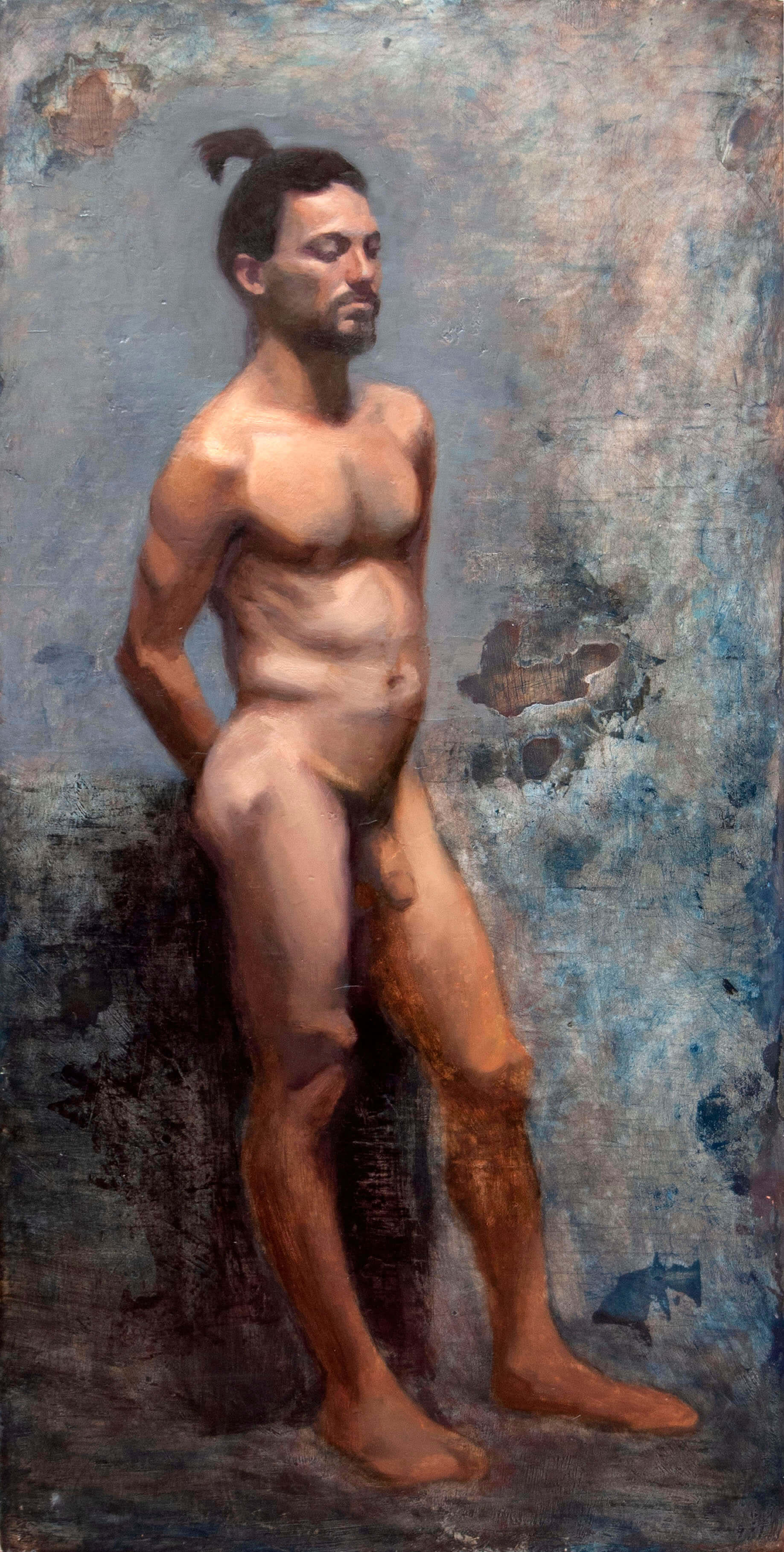 Long pose oil painting on wood figure standing blue background Fine Art