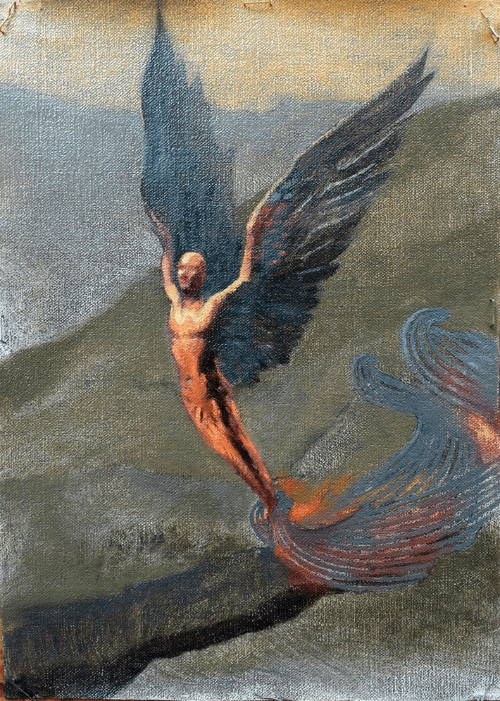 Mithological oil painting Homo Fire Figure Bird Wings Flying Landscape Nature