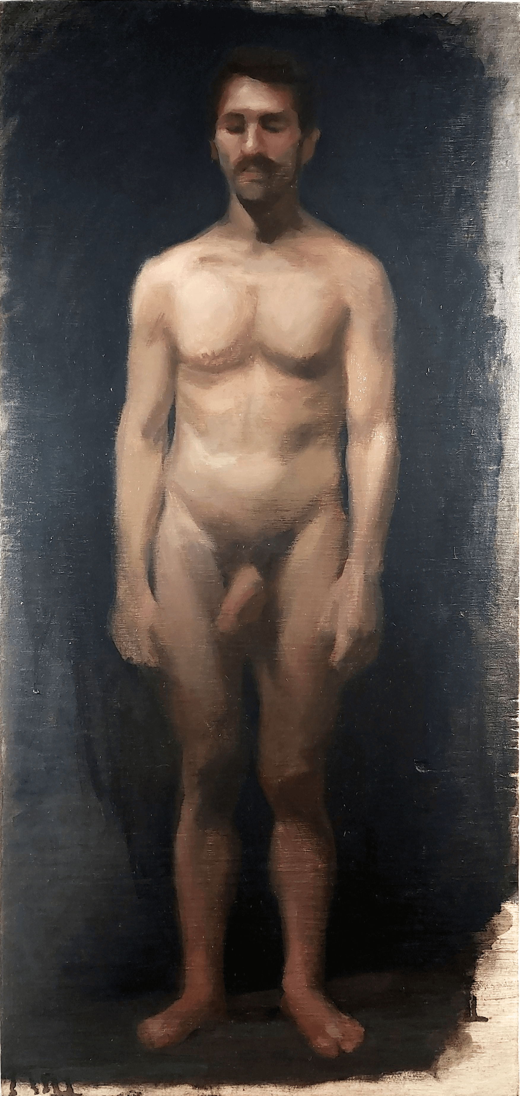 figure standing anatomical pose front and black background. Realistic traditional art.