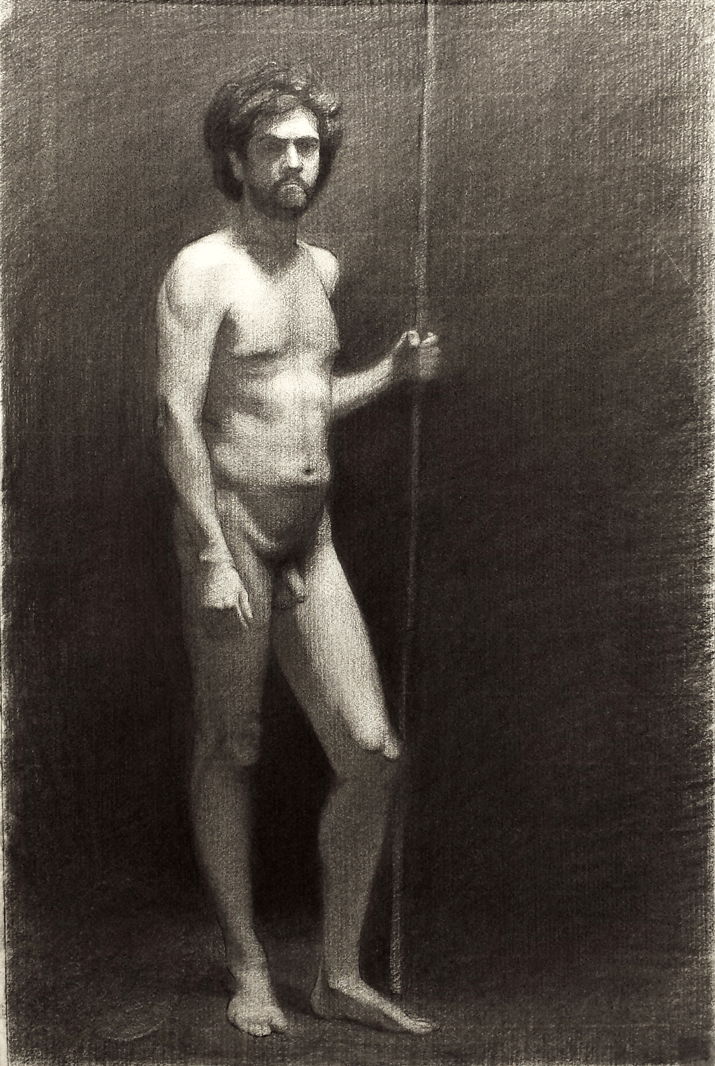 Longpose Charcoal on Watercolor Paper figure Contraposto holding a Stick