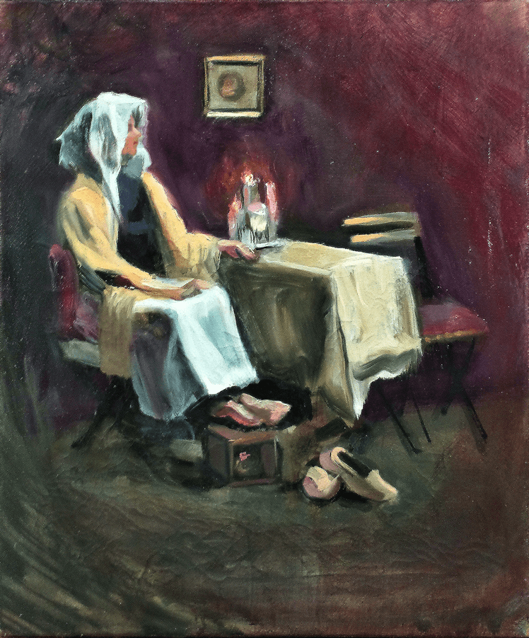 Dutch Woman warming her feet oilpainting Fineart