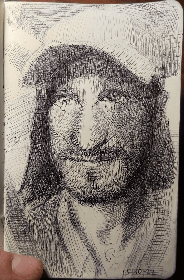 Black pen on paper Fineart selfportrait Driving with a cap.