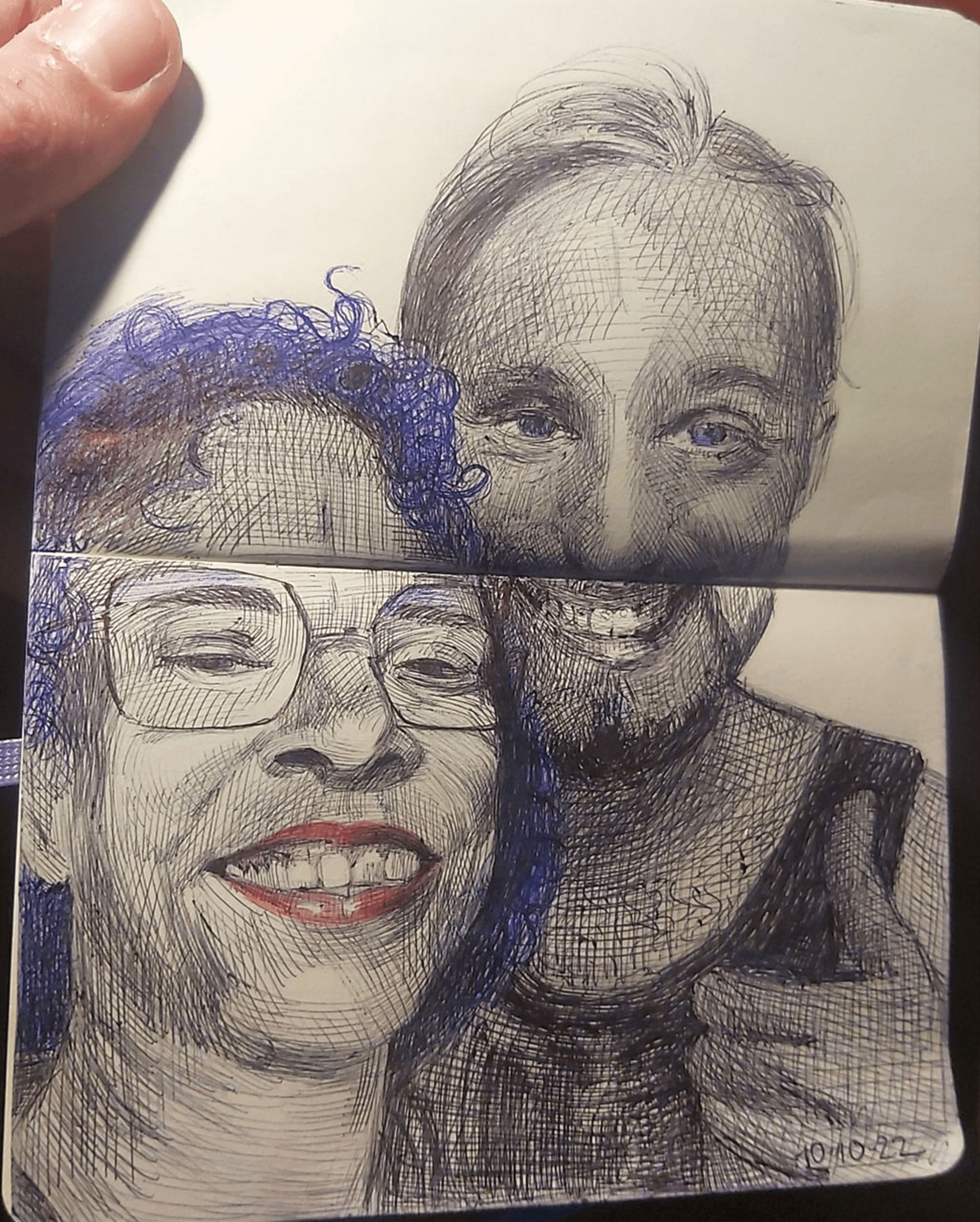 Nessy Blue and me portrait SelfPortrait Fineart Black and blue Pen on paper.