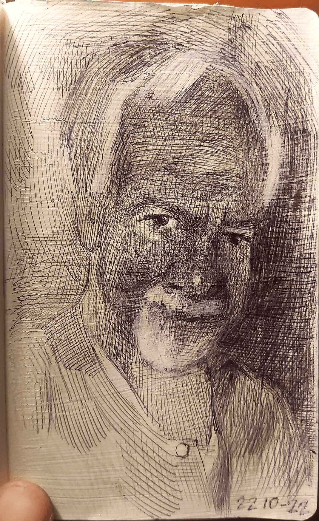 Portait of Doug, an old master in black pen sketch crosshatching on paper.