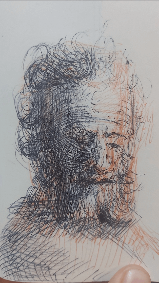 Orange and black pen of an Old Man on paper Fineart.