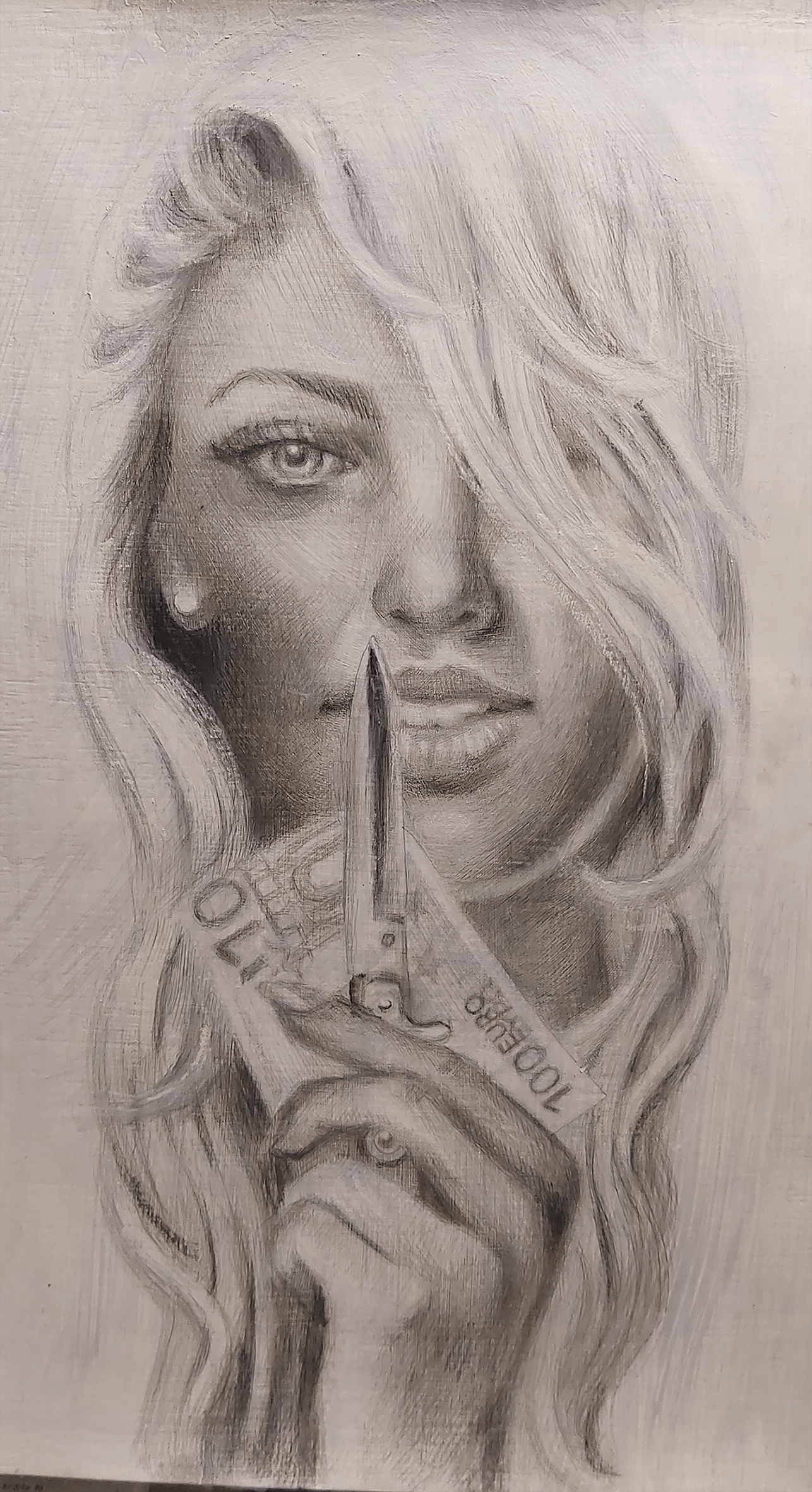 Woman knife Money Design FineART silverpoint on paper.