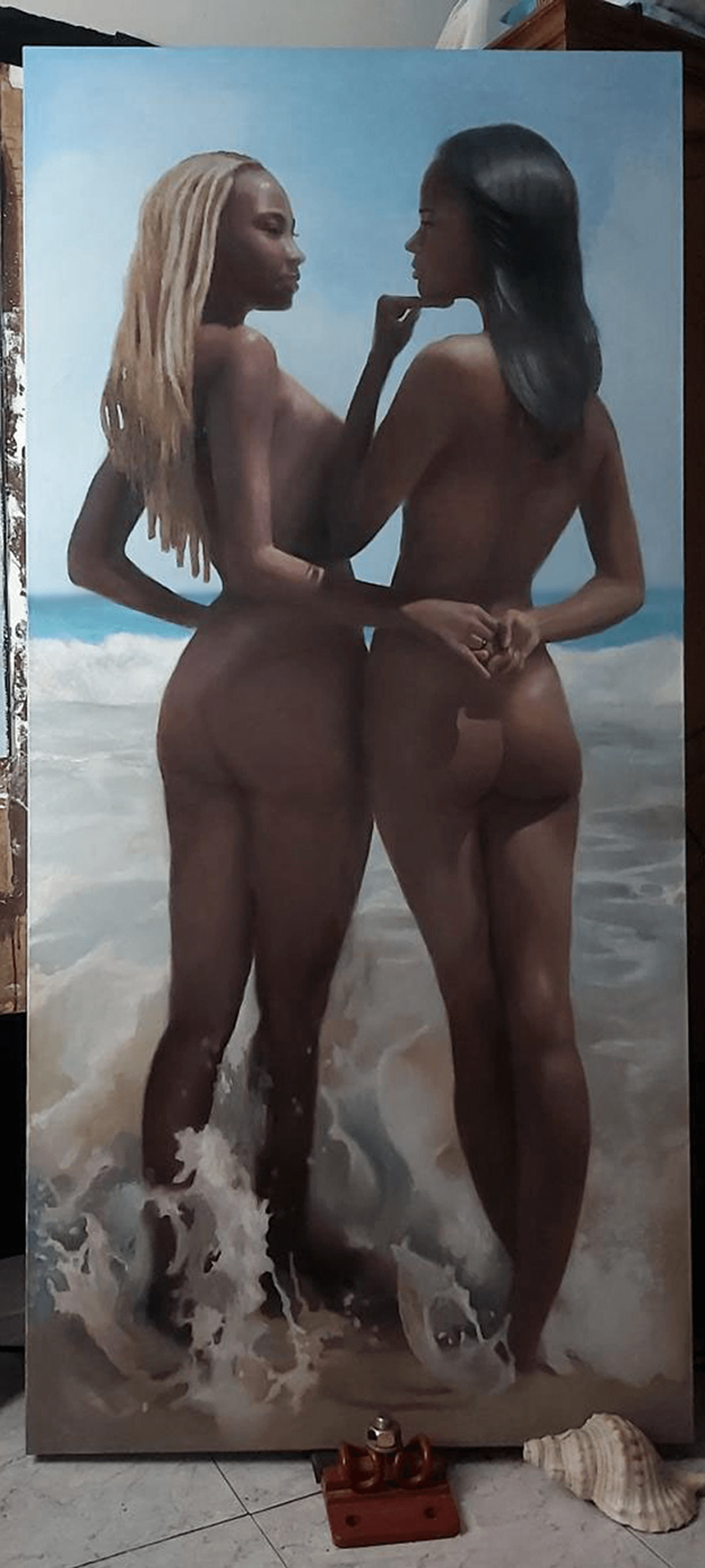 Reencarnações. Fine Art. 2 figures standing and posing on the beach oilpainting on linen