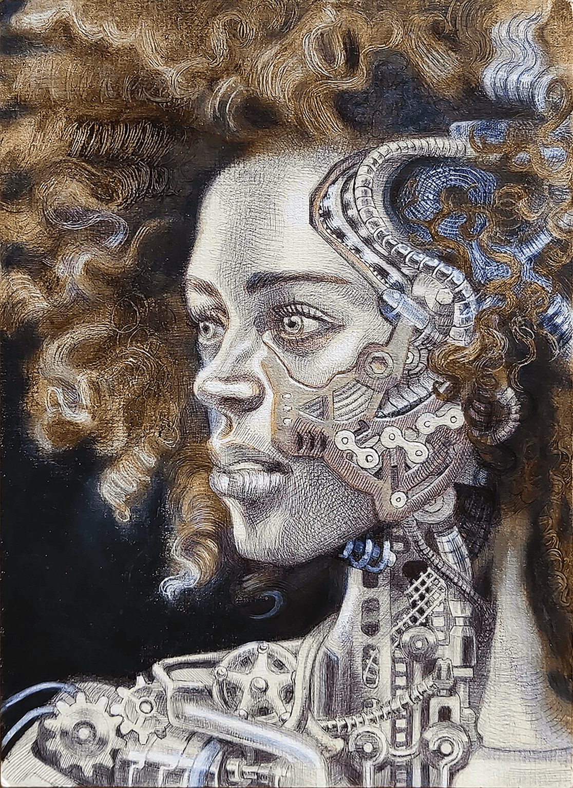 Pen and oil on paper. Biomechanical portrait afro woman.