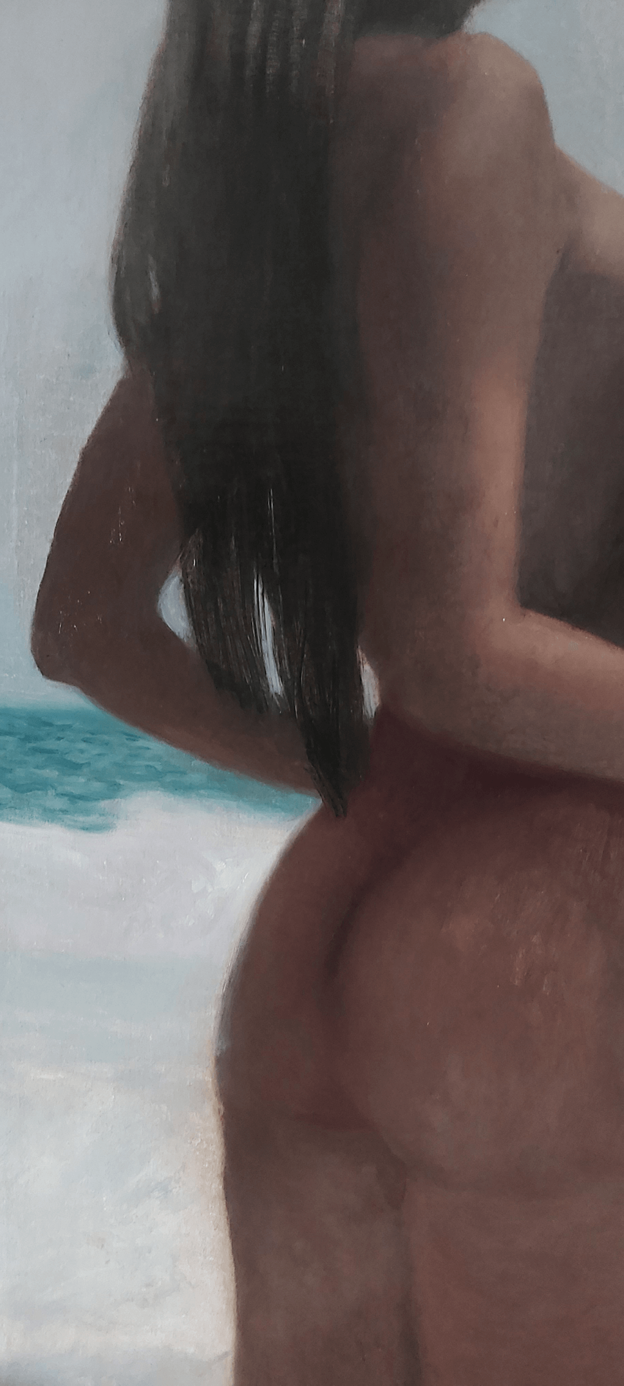 Reencarnações CloseUp back of one of the figures standing and posing on the beach oilpainting on linen