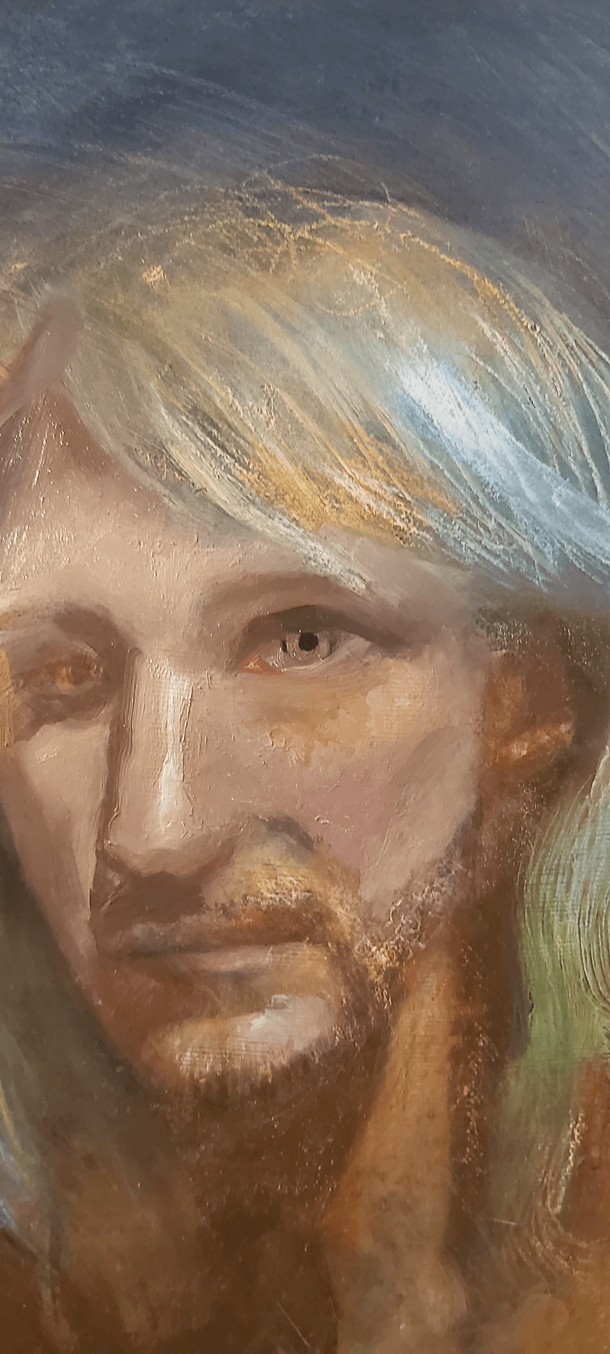 Selfportrait CloseUp in progress. Color on canvas.