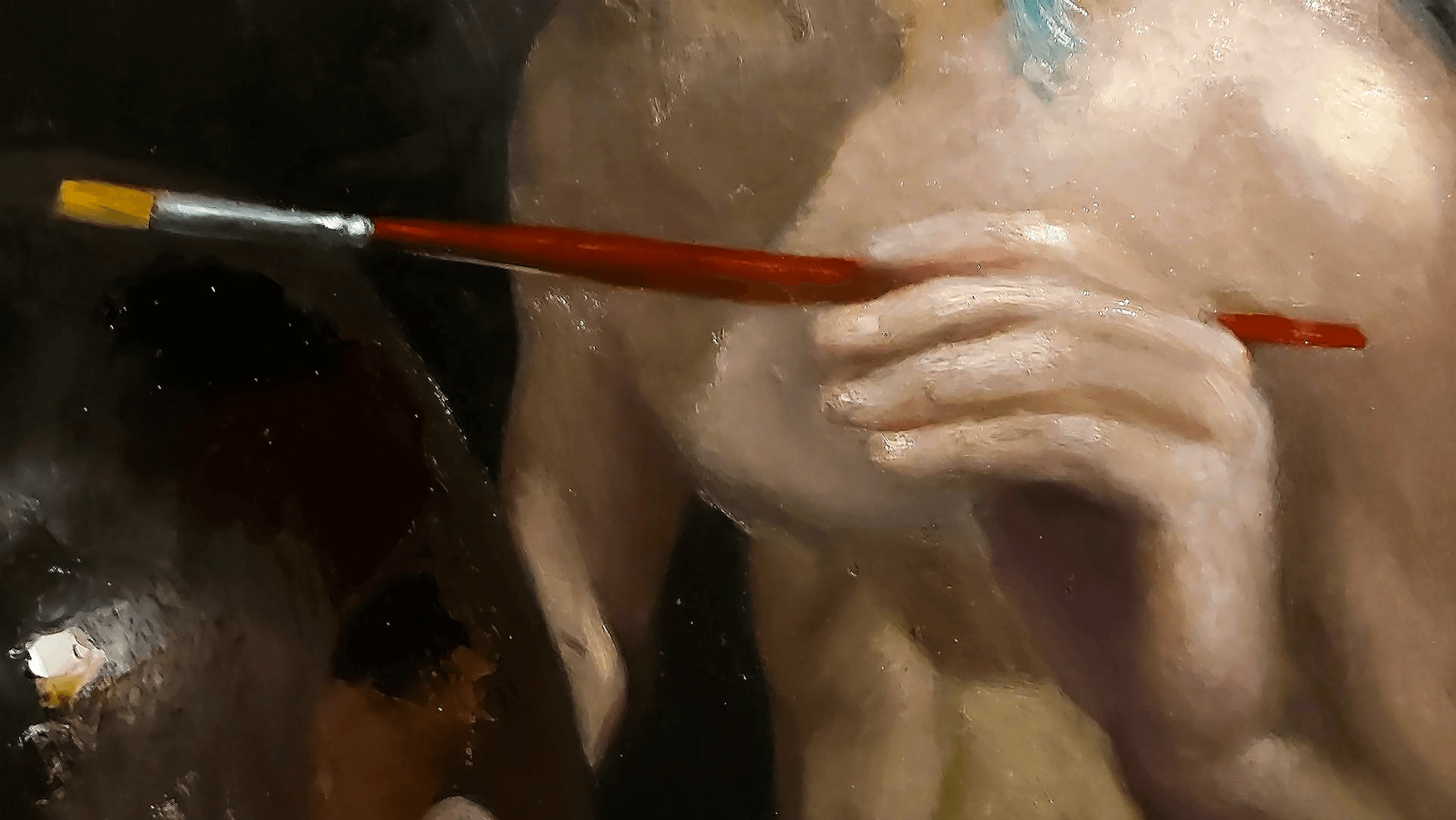 CloseUp SelfPortrait Fineart OilPainting Hand Brush and Palette