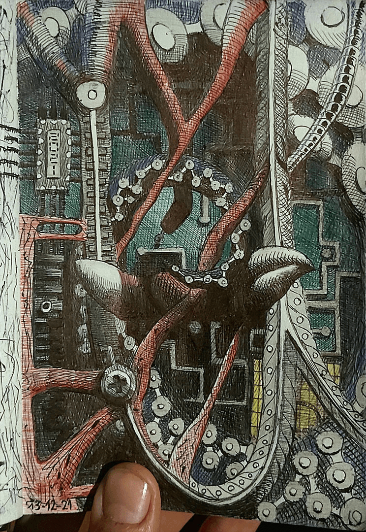 Biomechanical sketch pen colors RGB on paper.FineArt.