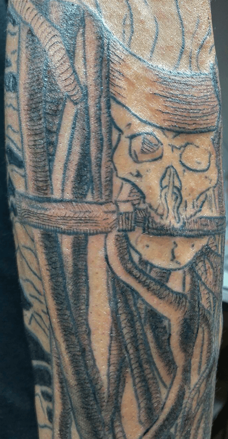 Skull Knife and Roots Black Line Tattoo