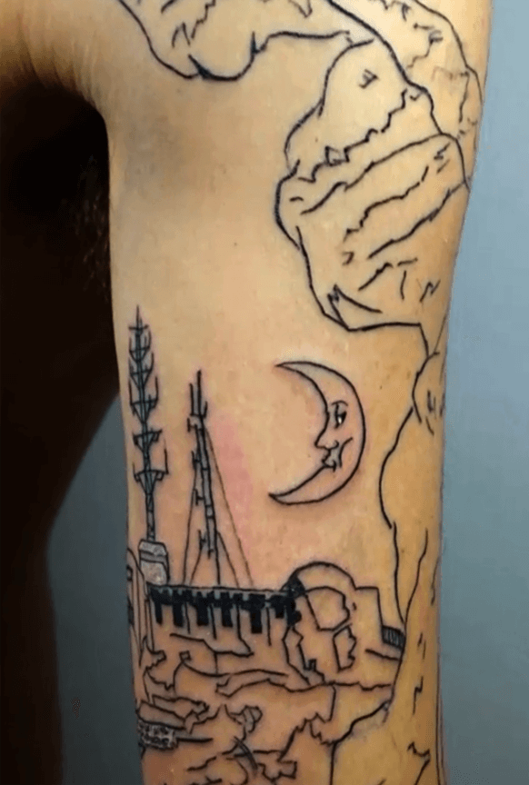 Blackline Tattoo Landscape Moon Tree Bunquers del Carmel